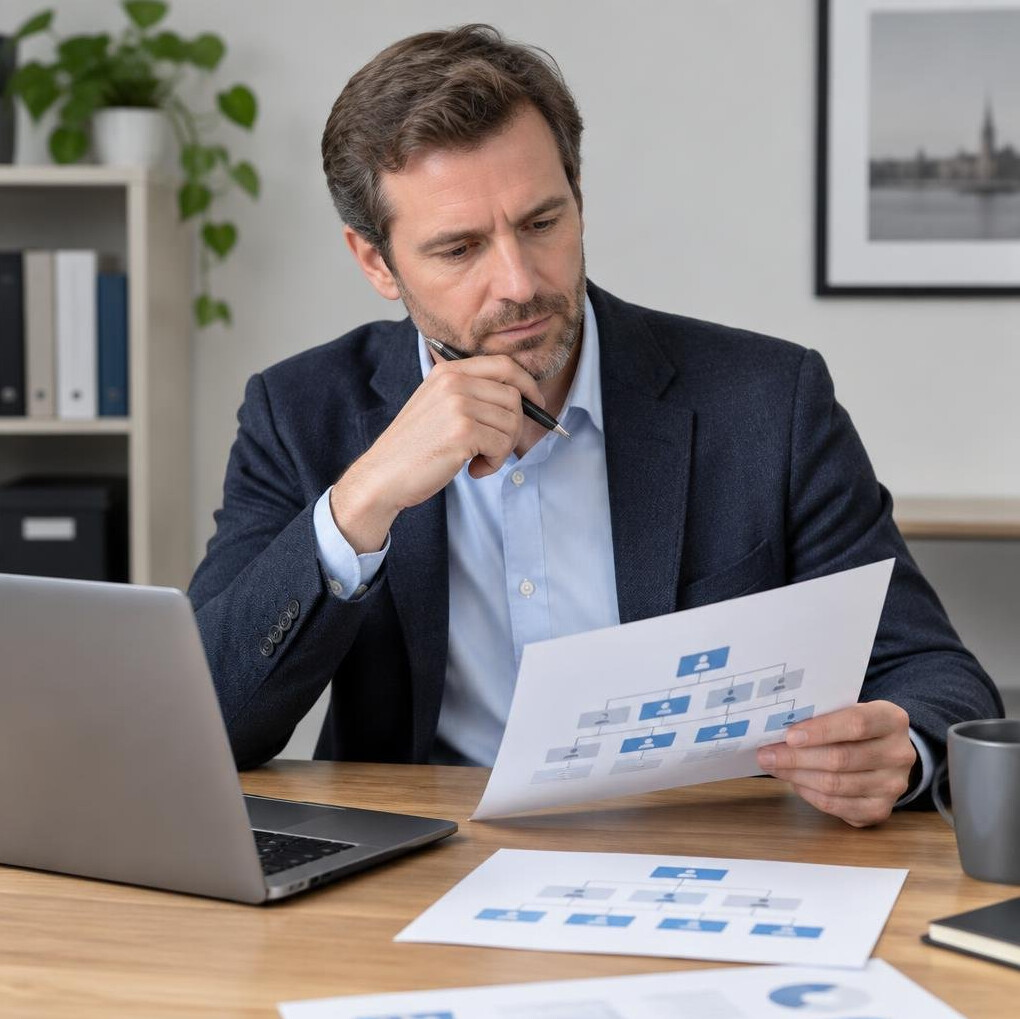Belgian businessman planning organizational strategy at his desk